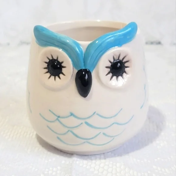 Mini Ceramic Pot Premium Glazed Cute Blue Owl Face Succulent Plant Holder - Picture 1 of 16